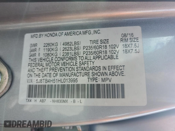 2017 Acura RDX Technology with VIN 5J8TB4H51HL013995, listed as a Copart auction lot 62686945 with 94,970 mi miles and Salvage title. Bid and sale history available at DreamBid. Image 12.