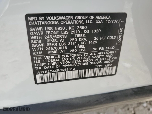 2024 Volkswagen Atlas 2.0T SE with VIN 1V2LR2CAXRC548312, listed as a Copart auction lot 48427095 with 16,051 mi miles and Salvage Title. Bid and sale history available at carsss.com. Image 13.