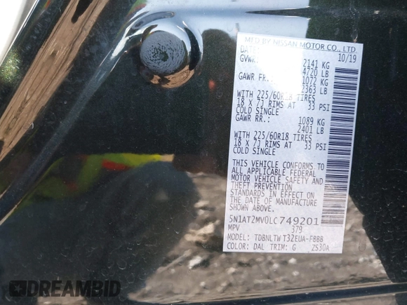 2020 Nissan Rogue SL with VIN 5N1AT2MV0LC749201, listed as a IAAI auction lot 40810573 with 80,311 mi miles and . Bid and sale history available at DreamBid. Image 9.