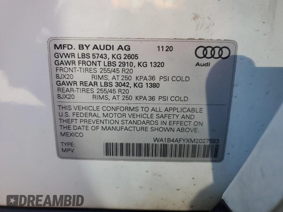 2021 Audi SQ5 Premium Plus with VIN WA1B4AFYXM2027503, listed as a Copart auction lot 49532945 with 68,674 mi miles and Salvage Title. Bid and sale history available at carsss.com. Image 15.