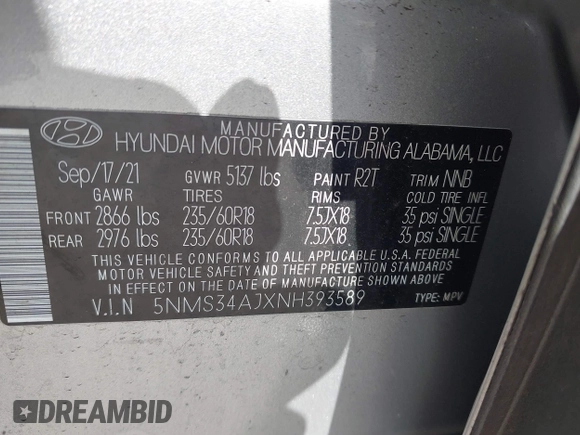 2022 Hyundai Santa Fe SEL with VIN 5NMS34AJXNH393589, listed as a IAAI auction lot 41908857 with 22,661 mi miles and . Bid and sale history available at DreamBid. Image 9.