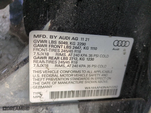 2022 Audi A4 allroad Premium Plus with VIN WA18AAF43NA012252, listed as a Copart auction lot 41359455 with 51,136 mi miles and Salvage Title. Bid and sale history available at carsss.com. Image 12.