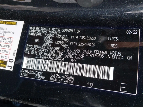 2022 Lexus RX with VIN JTJHZKFA8N2038704, listed as a IAAI auction lot 41892583 with 35,565 mi miles. Bid and sale history available at carsss.com. Image 9.