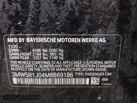 2021 BMW 3 Series 330i with VIN 3MW5R1J04M8B69186, listed as a IAAI auction lot 41576590 with 1 mi miles. Bid and sale history available at carsss.com. Image 9.