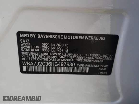 2017 BMW 7 Series 740e xDrive iPerformance with VIN WBA7J2C36HG497830, listed as a Copart auction lot 79948304 with 43,029 mi miles and Salvage Title. Bid and sale history available at carsss.com. Image 12.
