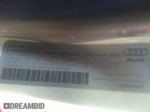 2012 Audi A7 Premium Plus with VIN WAUYGAFC1CN076403, listed as a IAAI auction lot 40976546 with 95,145 mi miles and . Bid and sale history available at DreamBid. Image 9.