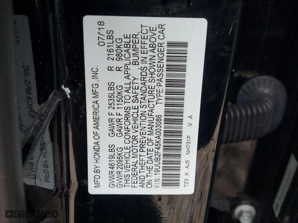 2019 Acura TLX w/Technology Pkg with VIN 19UUB2F45KA003086, listed as a Copart auction lot 86333114 with 76,112 mi miles and Clean Title. Bid and sale history available at carsss.com. Image 12.