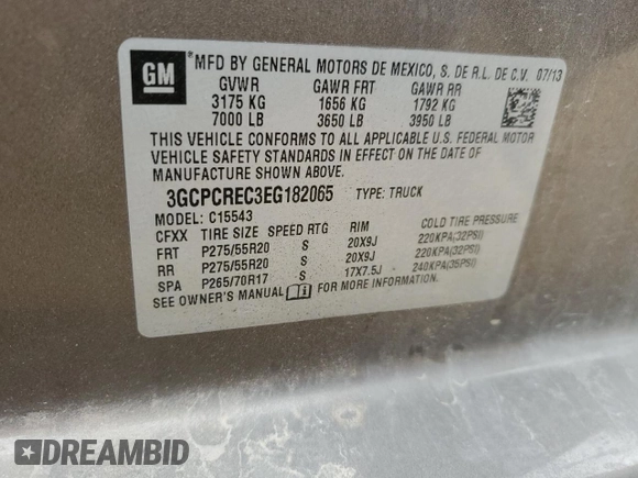 2014 Chevrolet Silverado 1500 LT with VIN 3GCPCREC3EG182065, listed as a Copart auction lot 54537345 with 165,709 mi miles and Salvage Title. Bid and sale history available at DreamBid. Image 12.
