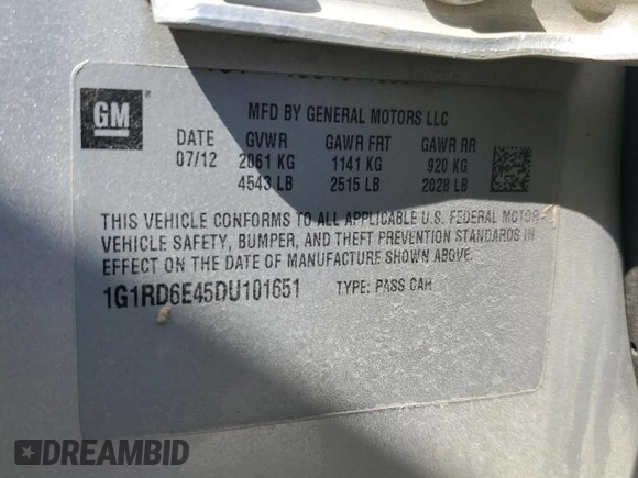 2013 Chevrolet Volt with VIN 1G1RD6E45DU101651, listed as a Copart auction lot 54490455 with 203,022 mi miles and Salvage Title. Bid and sale history available at carsss.com. Image 12.