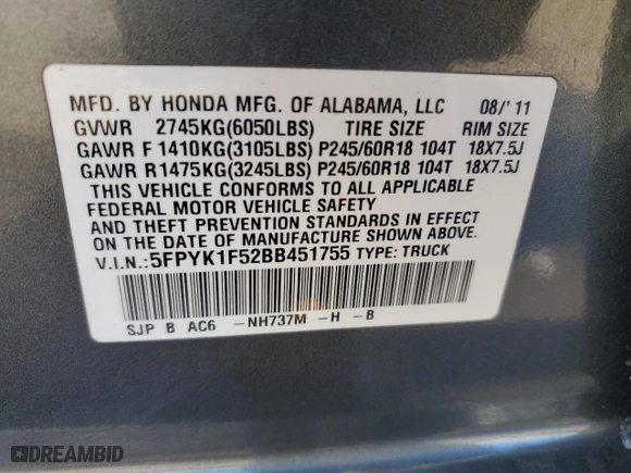 2011 Honda Ridgeline RTL with VIN 5FPYK1F52BB451755, listed as a Copart auction lot 50191075 with 277,534 mi miles and Salvage Title. Bid and sale history available at carsss.com. Image 13.