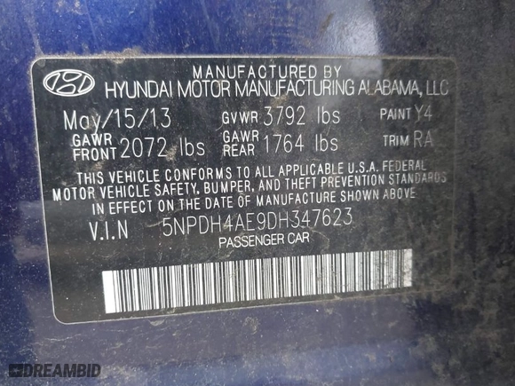 2013 Hyundai Elantra GLS PZEV with VIN 5NPDH4AE9DH347623, listed as a IAAI auction lot 41177236 with 217,294 mi miles. Bid and sale history available at carsss.com. Image 9.