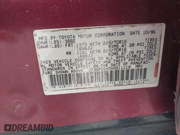1997 Toyota RAV4 with VIN JT3GP10V2V0011119, listed as a IAAI auction lot 42102913 with 119,073 mi miles and . Bid and sale history available at DreamBid. Image 9.