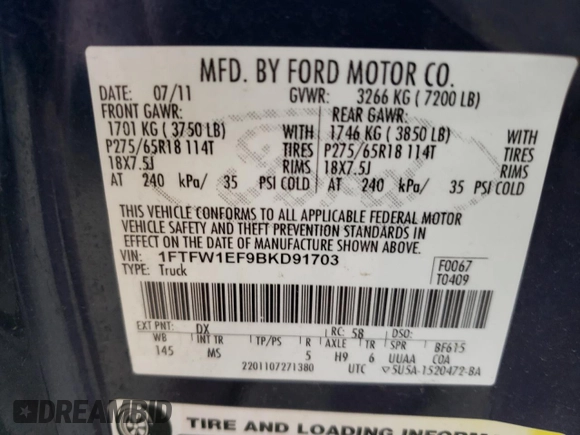 2011 Ford F-150 XL with VIN 1FTFW1EF9BKD91703, listed as a Copart auction lot 46070345 with 205,267 mi miles and Salvage Title. Bid and sale history available at carsss.com. Image 13.