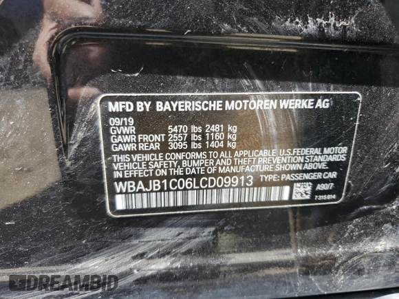 2020 BMW 5 Series with VIN WBAJB1C06LCD09913, listed as a Copart auction lot 71437384 with 5,544 mi miles and Salvage title. Bid and sale history available at DreamBid. Image 12.