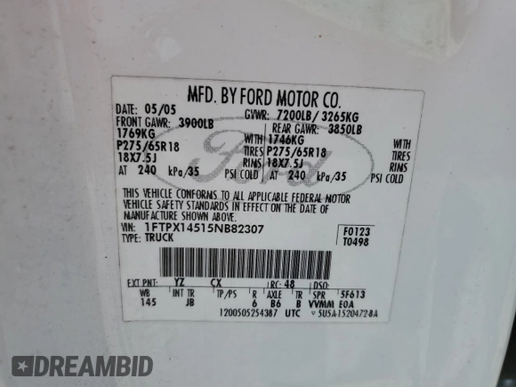 2005 Ford F-150 XLT with VIN 1FTPX14515NB82307, listed as a Copart auction lot 59957895 with 179,289 mi miles and Salvage title. Bid and sale history available at DreamBid. Image 12.