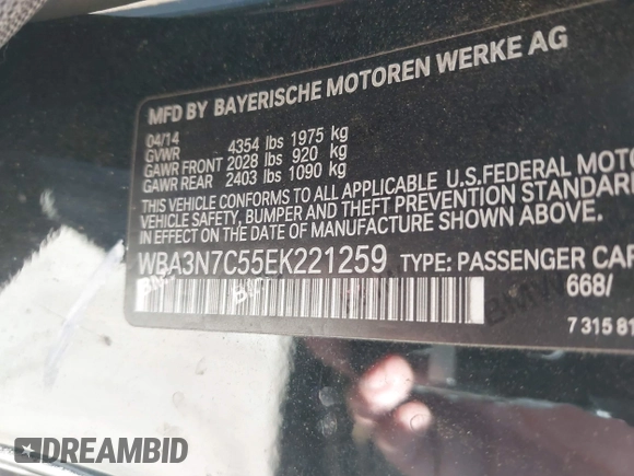 2014 BMW 4 Series 428i with VIN WBA3N7C55EK221259, listed as a IAAI auction lot 41322781 with 100,274 mi miles and . Bid and sale history available at carsss.com. Image 9.