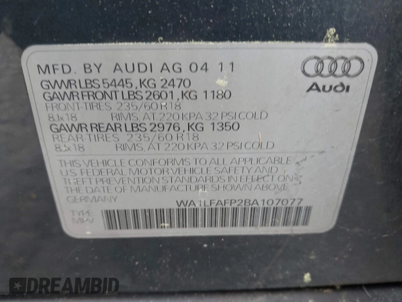 2011 Audi Q5 Premium Plus with VIN WA1LFAFP2BA107077, listed as a IAAI auction lot 42028933 with 251,981 mi miles and . Bid and sale history available at DreamBid. Image 9.