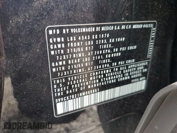 2022 Volkswagen Taos S с VIN 3VVCX7B21NM065851, выставлен на аукционе Copart как лот 54902265 с пробегом 25 187 миль миль и Списание • Salvage title. История ставок и продаж доступна на DreamBid. Изображение 12.