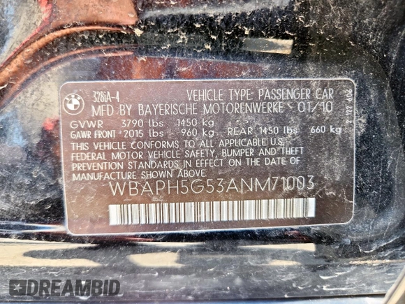 2010 BMW 3 Series 328i z VIN WBAPH5G53ANM71003, wystawiony jako Copart lot #60752595 z przebiegiem Nie podano mil oraz Szkoda całkowita • Salvage title. Historia ofert i sprzedaży dostępna na DreamBid. Obrazek 12.