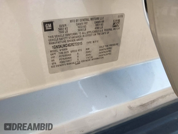 2016 Chevrolet Suburban LTZ with VIN 1GNSKJKC4GR272015, listed as a IAAI auction lot 42034950 with Not provided miles and . Bid and sale history available at DreamBid. Image 9.