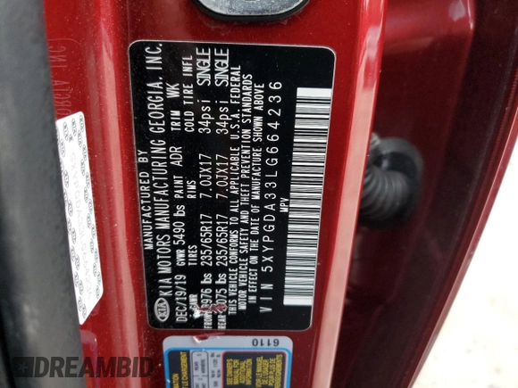 2020 Kia Sorento LX with VIN 5XYPGDA33LG664236, listed as a Copart auction lot 49856885 with 81,931 mi miles and Salvage Title. Bid and sale history available at DreamBid. Image 14.