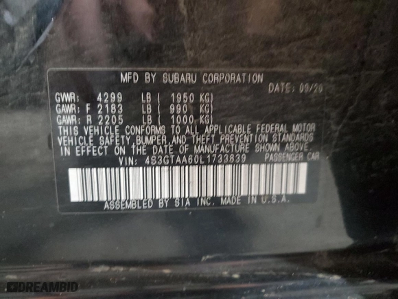 2020 Subaru Impreza with VIN 4S3GTAA60L1733839, listed as a Copart auction lot 75622734 with 54,485 mi miles and Salvage Title. Bid and sale history available at carsss.com. Image 12.
