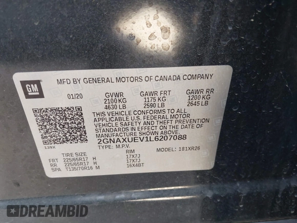 2020 Chevrolet Equinox LT with VIN 2GNAXUEV1L6207088, listed as a IAAI auction lot 41830542 with 65,836 mi miles. Bid and sale history available at carsss.com. Image 9.