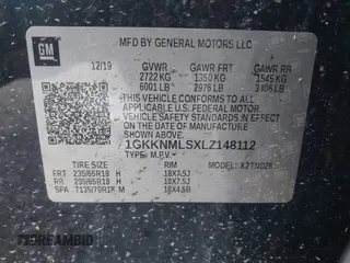 2020 GMC Acadia SLT with VIN 1GKKNMLSXLZ148112, listed as a IAAI auction lot 41726571 with 67,920 mi miles and . Bid and sale history available at carsss.com. Image 9.