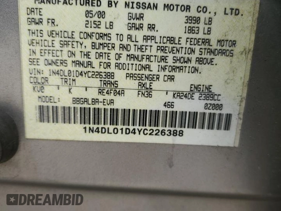 2000 Nissan Altima XE with VIN 1N4DL01D4YC226388, listed as a Copart auction lot 71085554 with 137,279 mi miles and Salvage Title. Bid and sale history available at carsss.com. Image 14.