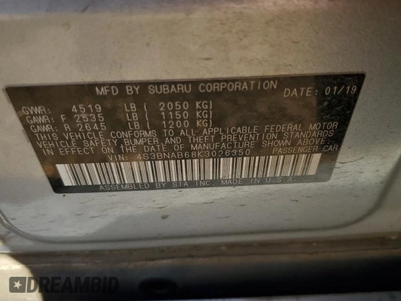 2019 Subaru Legacy z VIN 4S3BNAB68K3026350, wystawiony jako Copart lot #47042035 z przebiegiem 181 752 mil mil oraz Szkoda całkowita • Salvage title. Historia ofert i sprzedaży dostępna na DreamBid. Obrazek 14.