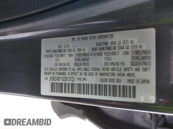 2016 Mazda CX-5 Sport with VIN JM3KE4BY1G0910102, listed as a IAAI auction lot 42115163 with 144,495 mi miles and . Bid and sale history available at carsss.com. Image 9.