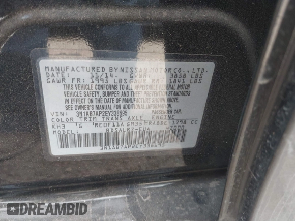 2014 Nissan Sentra SR with VIN 3N1AB7AP2EY338695, listed as a IAAI auction lot 41832305 with 144,985 mi miles and . Bid and sale history available at DreamBid. Image 9.