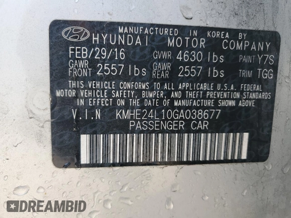 2016 Hyundai Sonata Hybrid SE with VIN KMHE24L10GA038677, listed as a Copart auction lot 51823625 with 62,130 mi miles and Clean Title. Bid and sale history available at carsss.com. Image 12.