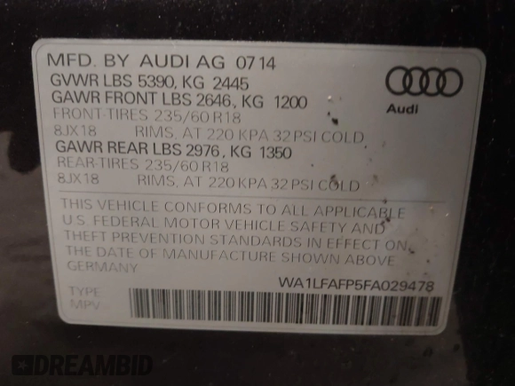 2015 Audi Q5 Premium Plus with VIN WA1LFAFP5FA029478, listed as a IAAI auction lot 41514901 with 133,150 mi miles. Bid and sale history available at carsss.com. Image 9.