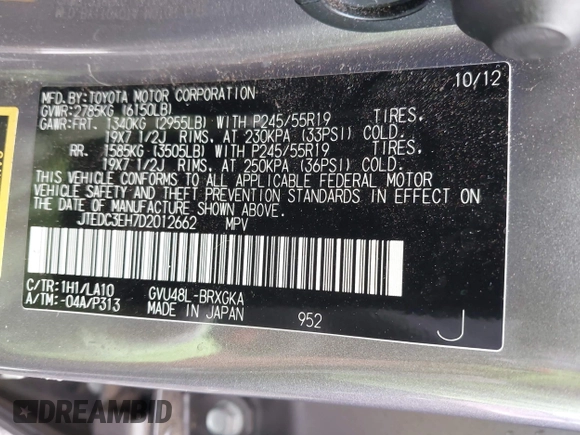 2013 Toyota Highlander Limited with VIN JTEDC3EH7D2012662, listed as a IAAI auction lot 42226232 with 135,064 mi miles and . Bid and sale history available at DreamBid. Image 9.