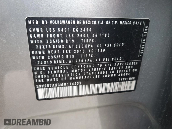 2021 Volkswagen Tiguan SE z VIN 3VV2B7AX3MM114439, wystawiony jako Copart lot #50676655 z przebiegiem 34 703 mil mil oraz Szkoda całkowita • Salvage title. Historia ofert i sprzedaży dostępna na DreamBid. Obrazek 12.