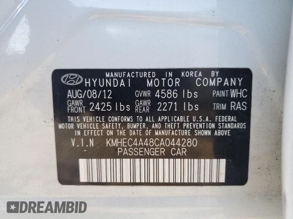 2012 Hyundai Sonata Hybrid with VIN KMHEC4A48CA044280, listed as a Copart auction lot 63344125 with 189,116 mi miles and Clean title. Bid and sale history available at DreamBid. Image 12.