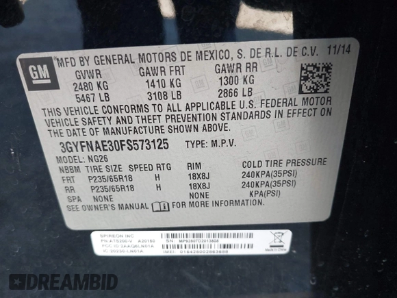 2015 Cadillac SRX with VIN 3GYFNAE30FS573125, listed as a IAAI auction lot 40972187 with 122,612 mi miles and . Bid and sale history available at DreamBid. Image 9.