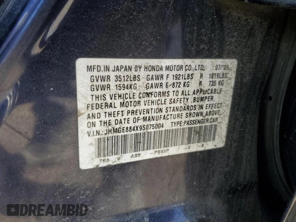 2009 Honda Fit Sport with VIN JHMGE884X9S075004, listed as a Copart auction lot 46498525 with 195,474 mi miles and Salvage Title. Bid and sale history available at carsss.com. Image 14.