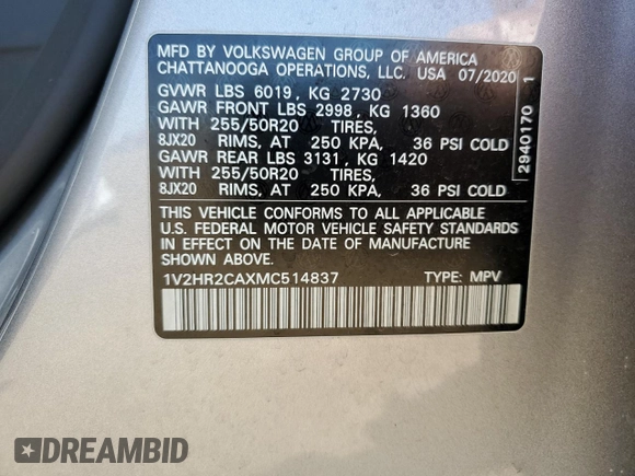 2021 Volkswagen Atlas SE with VIN 1V2HR2CAXMC514837, listed as a Copart auction lot 57119945 with 68,028 mi miles and Salvage title. Bid and sale history available at DreamBid. Image 12.