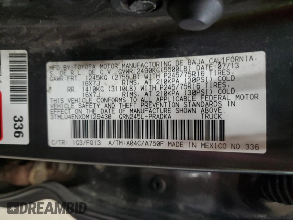 2013 Toyota Tacoma with VIN 3TMLU4ENXDM129430, listed as a Copart auction lot 55740185 with 213,054 mi miles and Clean Title. Bid and sale history available at DreamBid. Image 12.