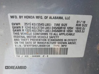 2018 Honda Pilot EX-L with VIN 5FNYF5H61JB008134, listed as a IAAI auction lot 42193142 with 100,254 mi miles and . Bid and sale history available at DreamBid. Image 9.