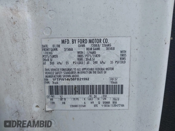 2008 Ford F-150 XLT с VIN 1FTPW14V58FB21592, выставлен на аукционе IAAI как лот 42642040 с пробегом Не указан миль и . История ставок и продаж доступна на DreamBid. Изображение 9.