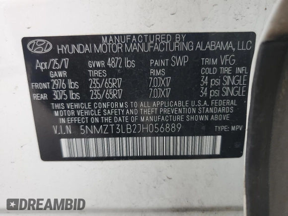 2018 Hyundai Santa Fe 2.4L with VIN 5NMZT3LB2JH056889, listed as a Copart auction lot 57801705 with 133,454 mi miles and Salvage title. Bid and sale history available at DreamBid. Image 12.