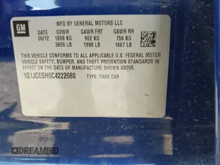 2012 Chevrolet Sonic LT with VIN 1G1JC6SH6C4222680, listed as a IAAI auction lot 42600346 with 82,421 mi miles and . Bid and sale history available at DreamBid. Image 9.