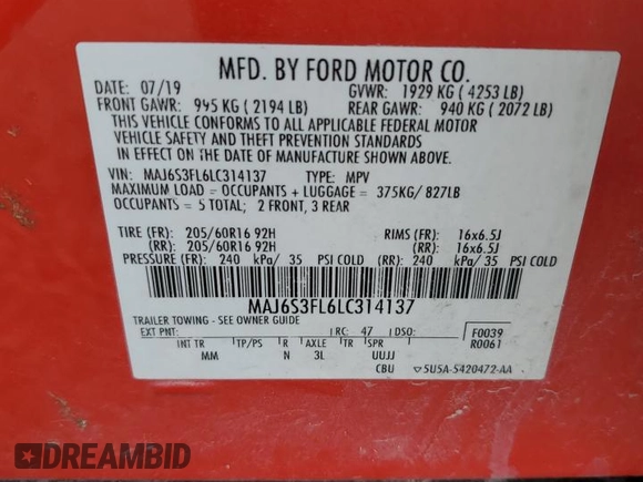 2020 Ford EcoSport S with VIN MAJ6S3FL6LC314137, listed as a Copart auction lot 48858535 with 94,020 mi miles and Salvage Title. Bid and sale history available at DreamBid. Image 16.