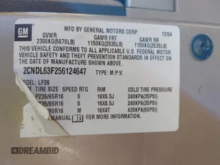 2005 Chevrolet Equinox LT with VIN 2CNDL63F256124647, listed as a IAAI auction lot 41670469 with 205,816 mi miles. Bid and sale history available at carsss.com. Image 9.