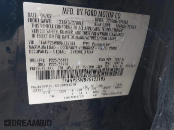 2009 Ford Taurus Limited with VIN 1FAHP25W89G125183, listed as a IAAI auction lot 42467556 with 244,771 mi miles and . Bid and sale history available at DreamBid. Image 9.
