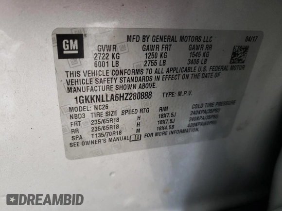 2017 GMC Acadia SLE with VIN 1GKKNLLA6HZ280888, listed as a Copart auction lot 55482015 with Not provided miles and Non repairable. Bid and sale history available at DreamBid. Image 13.