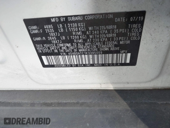 2019 Subaru Outback Touring with VIN 4S4BSATC1K3395009, listed as a IAAI auction lot 41435100 with 24,580 mi miles and . Bid and sale history available at DreamBid. Image 9.